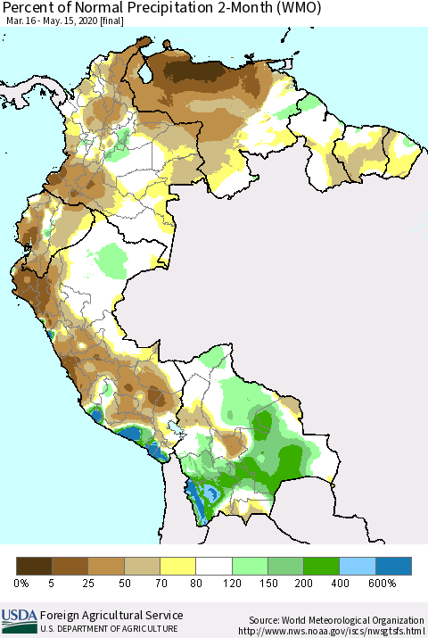 Northern South America Percent of Normal Precipitation 2-Month (WMO) Thematic Map For 3/16/2020 - 5/15/2020