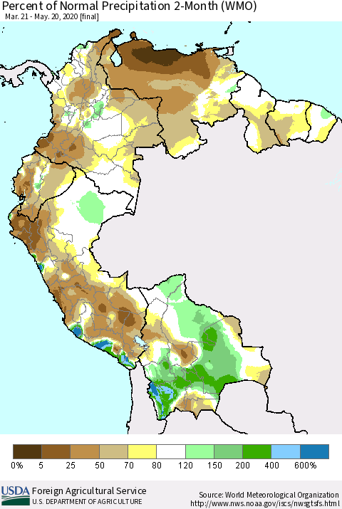 Northern South America Percent of Normal Precipitation 2-Month (WMO) Thematic Map For 3/21/2020 - 5/20/2020