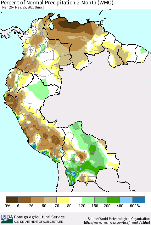 Northern South America Percent of Normal Precipitation 2-Month (WMO) Thematic Map For 3/26/2020 - 5/25/2020