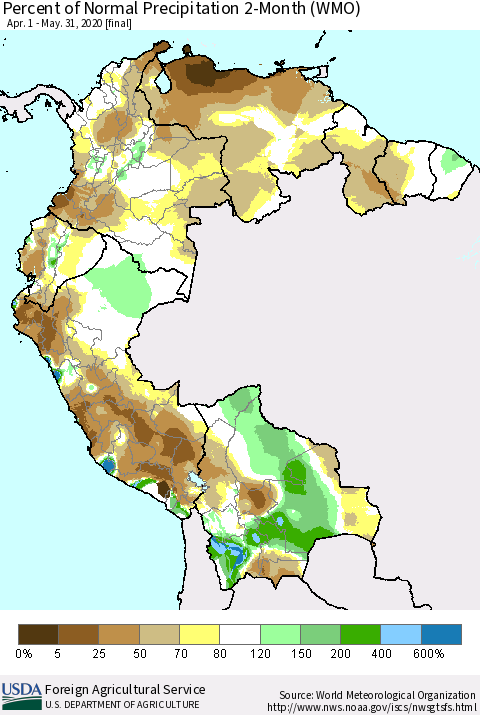 Northern South America Percent of Normal Precipitation 2-Month (WMO) Thematic Map For 4/1/2020 - 5/31/2020