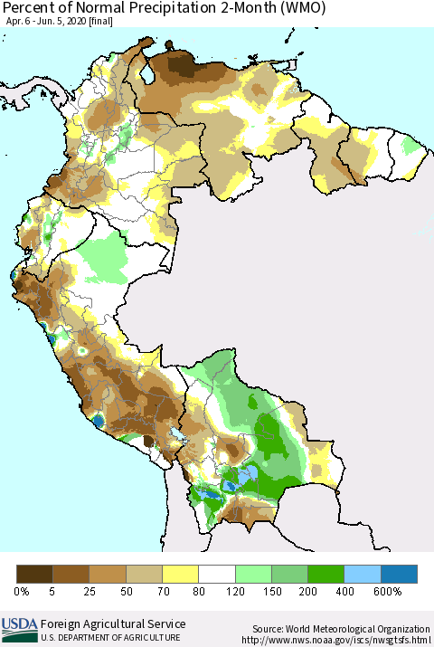 Northern South America Percent of Normal Precipitation 2-Month (WMO) Thematic Map For 4/6/2020 - 6/5/2020