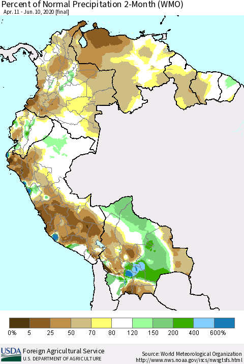 Northern South America Percent of Normal Precipitation 2-Month (WMO) Thematic Map For 4/11/2020 - 6/10/2020
