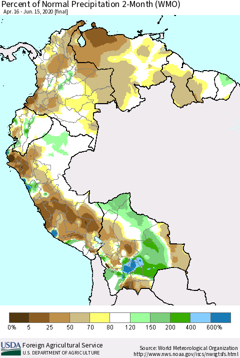 Northern South America Percent of Normal Precipitation 2-Month (WMO) Thematic Map For 4/16/2020 - 6/15/2020