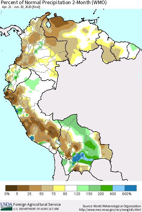 Northern South America Percent of Normal Precipitation 2-Month (WMO) Thematic Map For 4/21/2020 - 6/20/2020