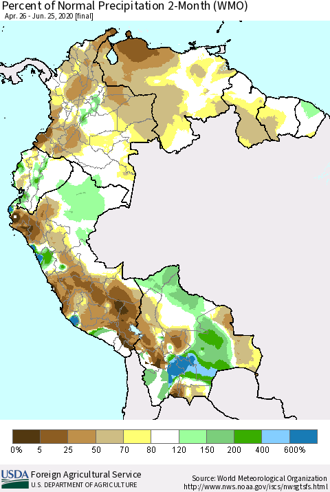 Northern South America Percent of Normal Precipitation 2-Month (WMO) Thematic Map For 4/26/2020 - 6/25/2020