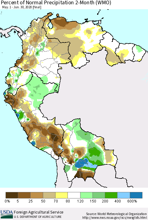 Northern South America Percent of Normal Precipitation 2-Month (WMO) Thematic Map For 5/1/2020 - 6/30/2020