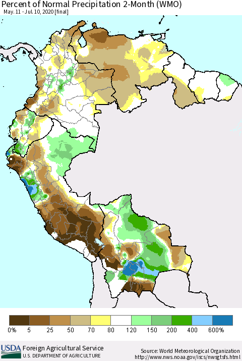 Northern South America Percent of Normal Precipitation 2-Month (WMO) Thematic Map For 5/11/2020 - 7/10/2020