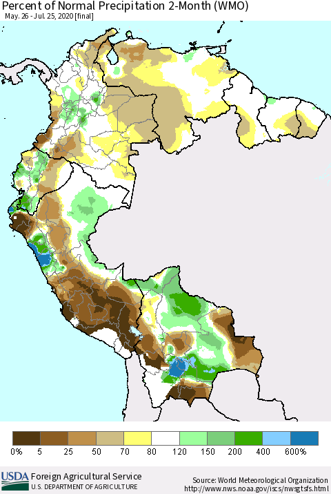 Northern South America Percent of Normal Precipitation 2-Month (WMO) Thematic Map For 5/26/2020 - 7/25/2020
