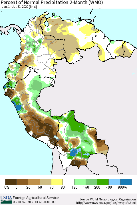Northern South America Percent of Normal Precipitation 2-Month (WMO) Thematic Map For 6/1/2020 - 7/31/2020