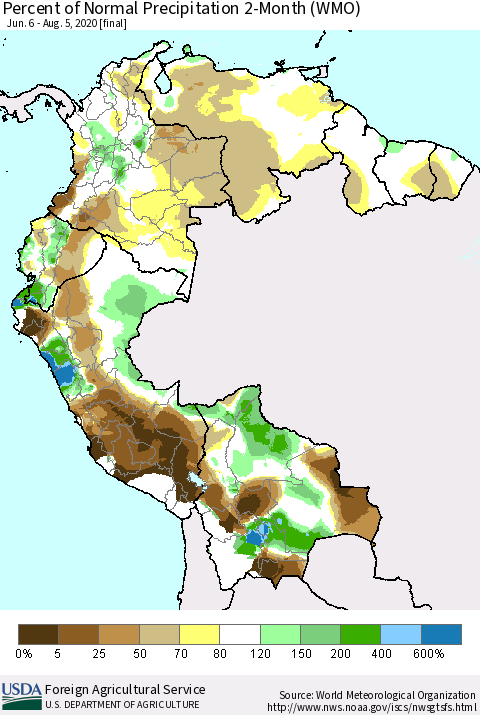 Northern South America Percent of Normal Precipitation 2-Month (WMO) Thematic Map For 6/6/2020 - 8/5/2020