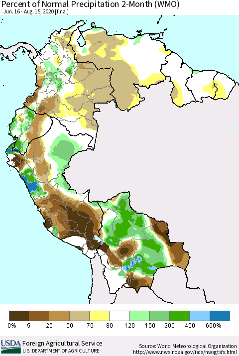 Northern South America Percent of Normal Precipitation 2-Month (WMO) Thematic Map For 6/16/2020 - 8/15/2020