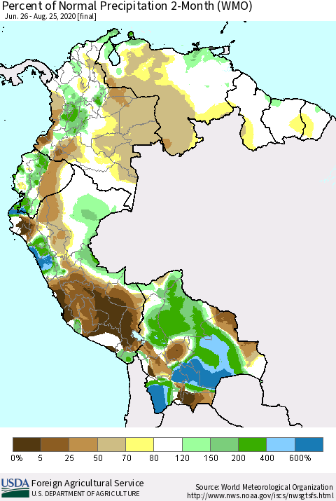 Northern South America Percent of Normal Precipitation 2-Month (WMO) Thematic Map For 6/26/2020 - 8/25/2020