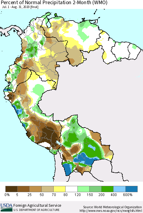 Northern South America Percent of Normal Precipitation 2-Month (WMO) Thematic Map For 7/1/2020 - 8/31/2020