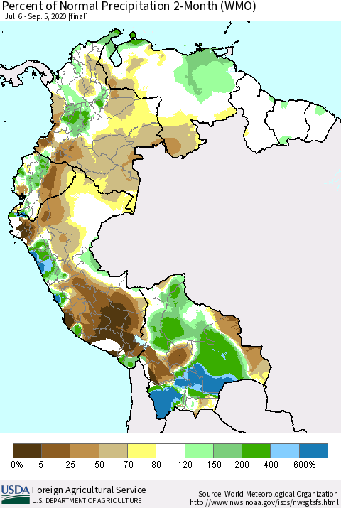 Northern South America Percent of Normal Precipitation 2-Month (WMO) Thematic Map For 7/6/2020 - 9/5/2020