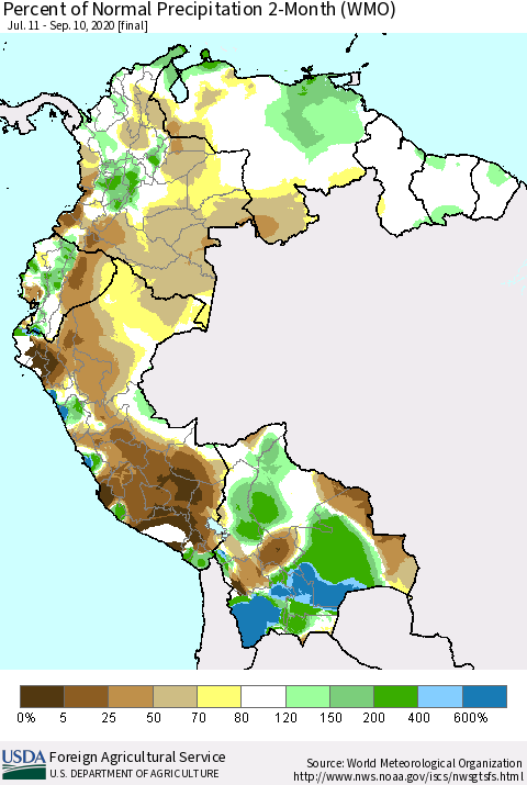 Northern South America Percent of Normal Precipitation 2-Month (WMO) Thematic Map For 7/11/2020 - 9/10/2020
