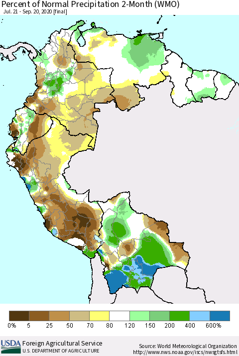 Northern South America Percent of Normal Precipitation 2-Month (WMO) Thematic Map For 7/21/2020 - 9/20/2020