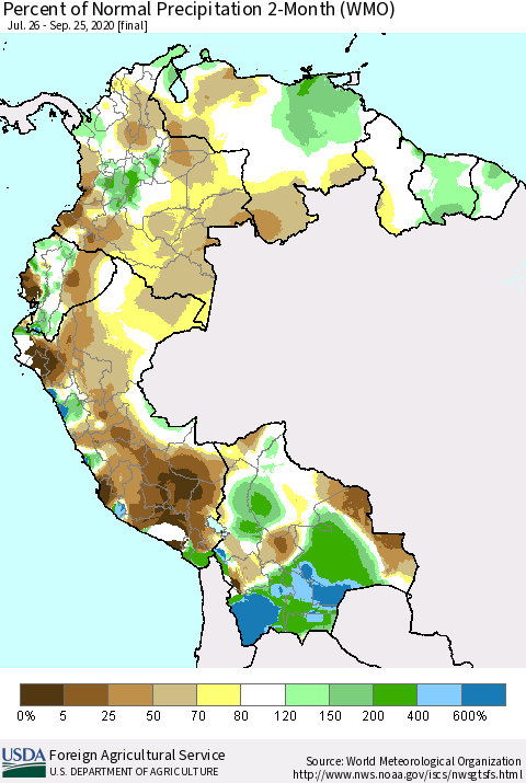 Northern South America Percent of Normal Precipitation 2-Month (WMO) Thematic Map For 7/26/2020 - 9/25/2020