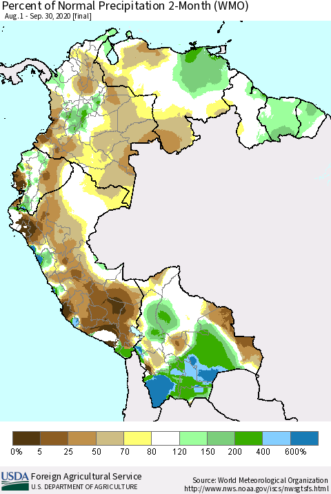 Northern South America Percent of Normal Precipitation 2-Month (WMO) Thematic Map For 8/1/2020 - 9/30/2020