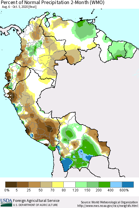 Northern South America Percent of Normal Precipitation 2-Month (WMO) Thematic Map For 8/6/2020 - 10/5/2020