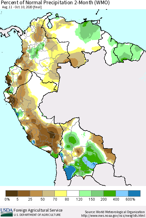 Northern South America Percent of Normal Precipitation 2-Month (WMO) Thematic Map For 8/11/2020 - 10/10/2020