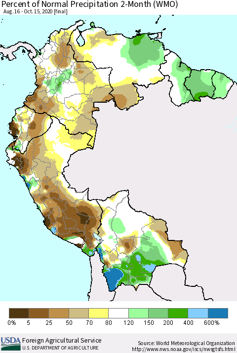 Northern South America Percent of Normal Precipitation 2-Month (WMO) Thematic Map For 8/16/2020 - 10/15/2020