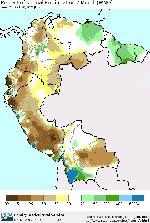Northern South America Percent of Normal Precipitation 2-Month (WMO) Thematic Map For 8/21/2020 - 10/20/2020