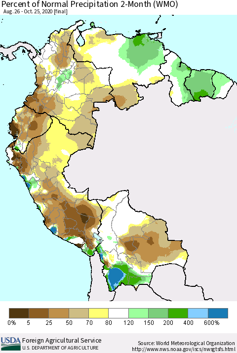 Northern South America Percent of Normal Precipitation 2-Month (WMO) Thematic Map For 8/26/2020 - 10/25/2020