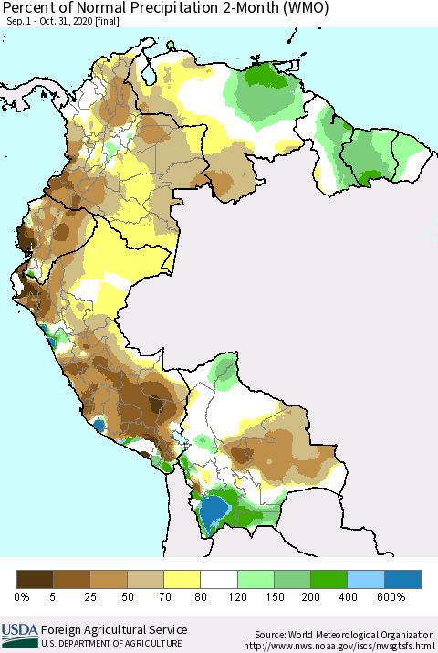 Northern South America Percent of Normal Precipitation 2-Month (WMO) Thematic Map For 9/1/2020 - 10/31/2020