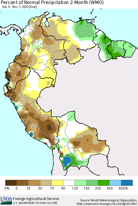 Northern South America Percent of Normal Precipitation 2-Month (WMO) Thematic Map For 9/6/2020 - 11/5/2020