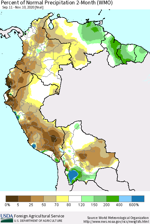 Northern South America Percent of Normal Precipitation 2-Month (WMO) Thematic Map For 9/11/2020 - 11/10/2020