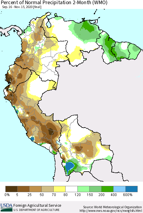 Northern South America Percent of Normal Precipitation 2-Month (WMO) Thematic Map For 9/16/2020 - 11/15/2020