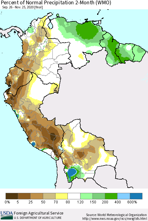 Northern South America Percent of Normal Precipitation 2-Month (WMO) Thematic Map For 9/26/2020 - 11/25/2020