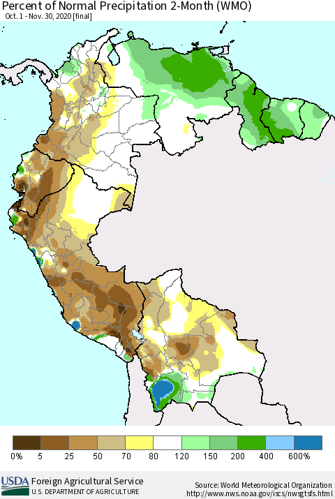 Northern South America Percent of Normal Precipitation 2-Month (WMO) Thematic Map For 10/1/2020 - 11/30/2020