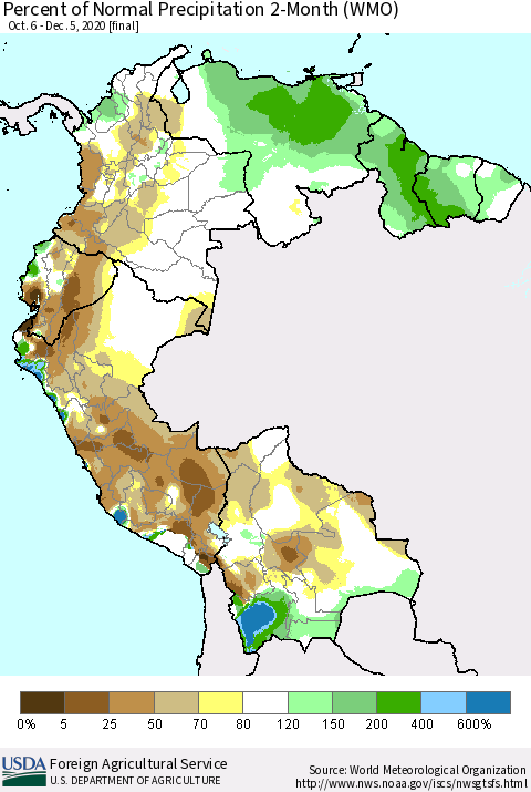 Northern South America Percent of Normal Precipitation 2-Month (WMO) Thematic Map For 10/6/2020 - 12/5/2020