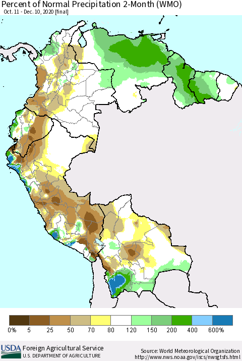 Northern South America Percent of Normal Precipitation 2-Month (WMO) Thematic Map For 10/11/2020 - 12/10/2020