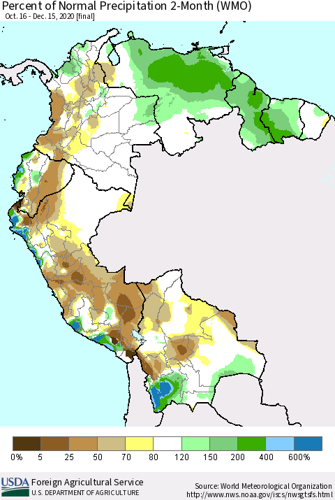 Northern South America Percent of Normal Precipitation 2-Month (WMO) Thematic Map For 10/16/2020 - 12/15/2020
