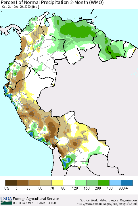 Northern South America Percent of Normal Precipitation 2-Month (WMO) Thematic Map For 10/21/2020 - 12/20/2020