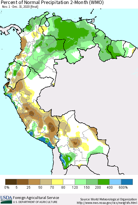 Northern South America Percent of Normal Precipitation 2-Month (WMO) Thematic Map For 11/1/2020 - 12/31/2020