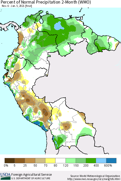 Northern South America Percent of Normal Precipitation 2-Month (WMO) Thematic Map For 11/6/2020 - 1/5/2021