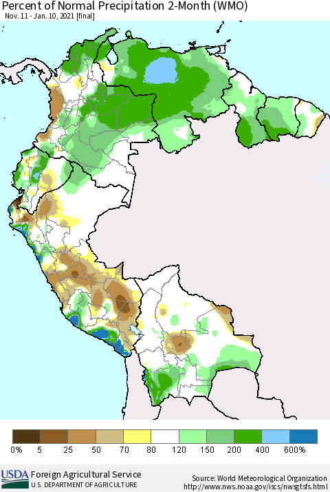 Northern South America Percent of Normal Precipitation 2-Month (WMO) Thematic Map For 11/11/2020 - 1/10/2021