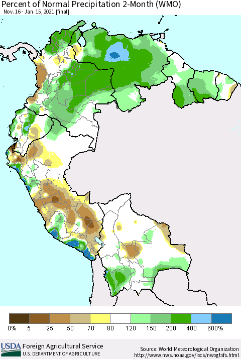 Northern South America Percent of Normal Precipitation 2-Month (WMO) Thematic Map For 11/16/2020 - 1/15/2021