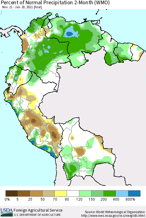 Northern South America Percent of Normal Precipitation 2-Month (WMO) Thematic Map For 11/21/2020 - 1/20/2021