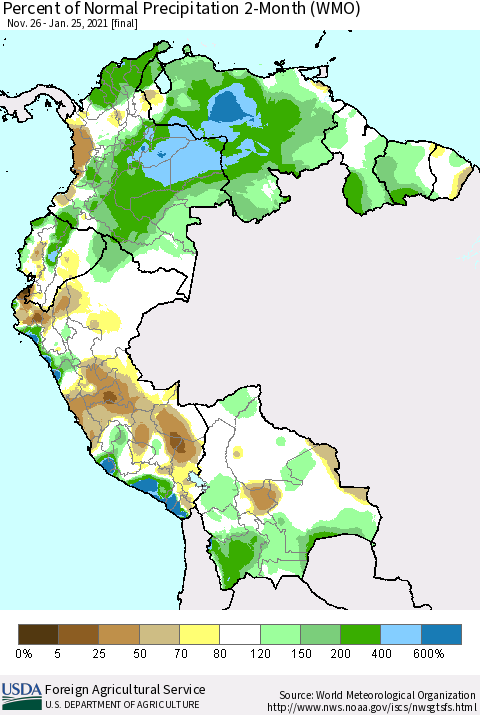 Northern South America Percent of Normal Precipitation 2-Month (WMO) Thematic Map For 11/26/2020 - 1/25/2021