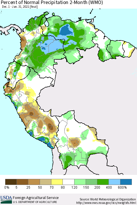 Northern South America Percent of Normal Precipitation 2-Month (WMO) Thematic Map For 12/1/2020 - 1/31/2021