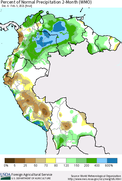 Northern South America Percent of Normal Precipitation 2-Month (WMO) Thematic Map For 12/6/2020 - 2/5/2021