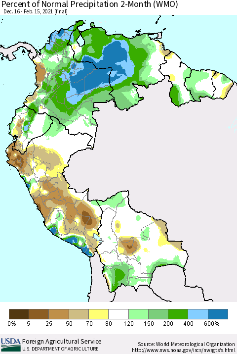 Northern South America Percent of Normal Precipitation 2-Month (WMO) Thematic Map For 12/16/2020 - 2/15/2021