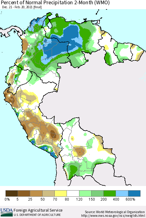 Northern South America Percent of Normal Precipitation 2-Month (WMO) Thematic Map For 12/21/2020 - 2/20/2021
