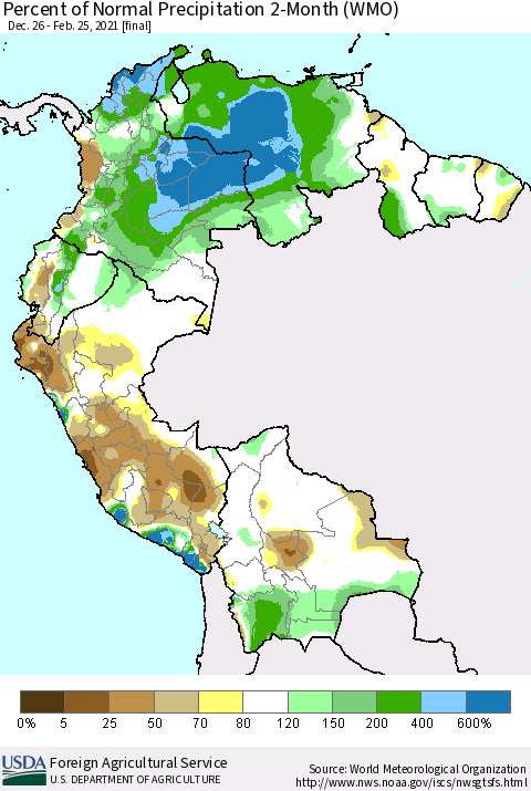 Northern South America Percent of Normal Precipitation 2-Month (WMO) Thematic Map For 12/26/2020 - 2/25/2021