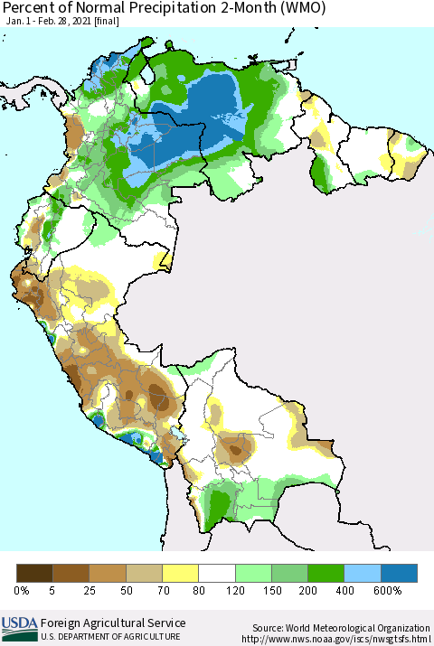 Northern South America Percent of Normal Precipitation 2-Month (WMO) Thematic Map For 1/1/2021 - 2/28/2021