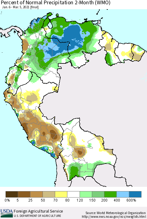 Northern South America Percent of Normal Precipitation 2-Month (WMO) Thematic Map For 1/6/2021 - 3/5/2021